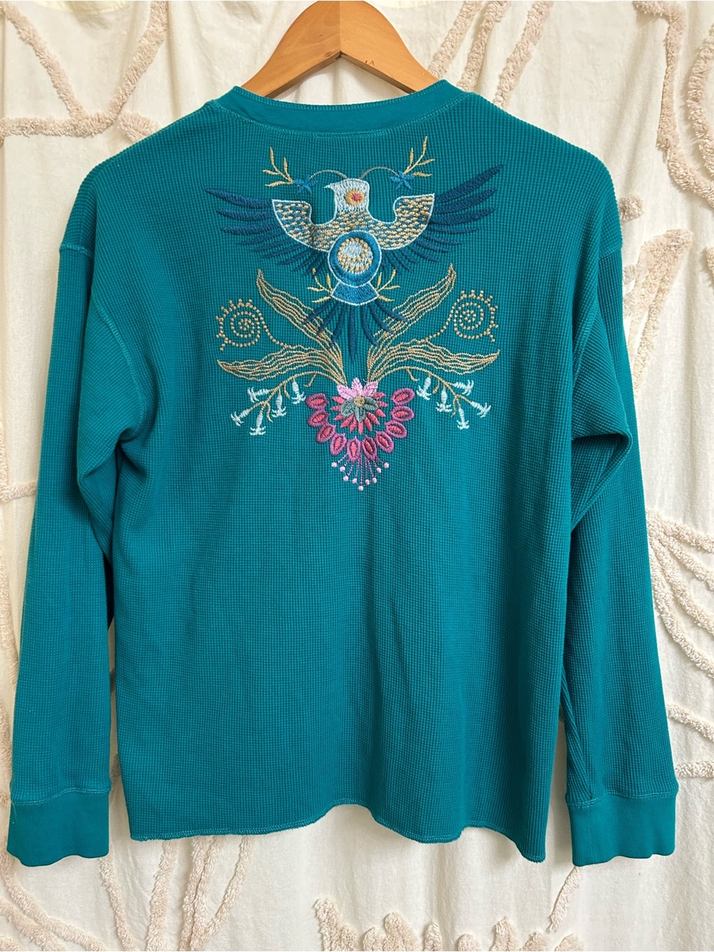Johnny Was Sisa Embroidered Waffle Knit Thermal Henley in Quetzal Green Size M - Picture 9 of 11